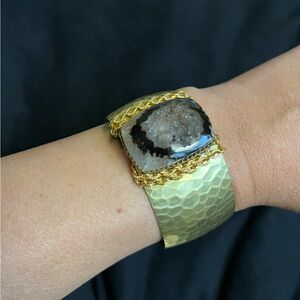 Gold Cuff Bracelet with grey and black druzy gemstone
